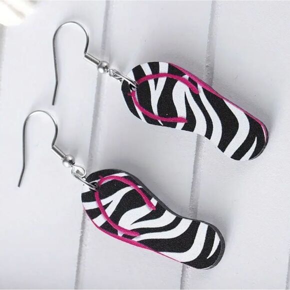 Zebra Print Flip Flop Earrings - Picture 2 of 2